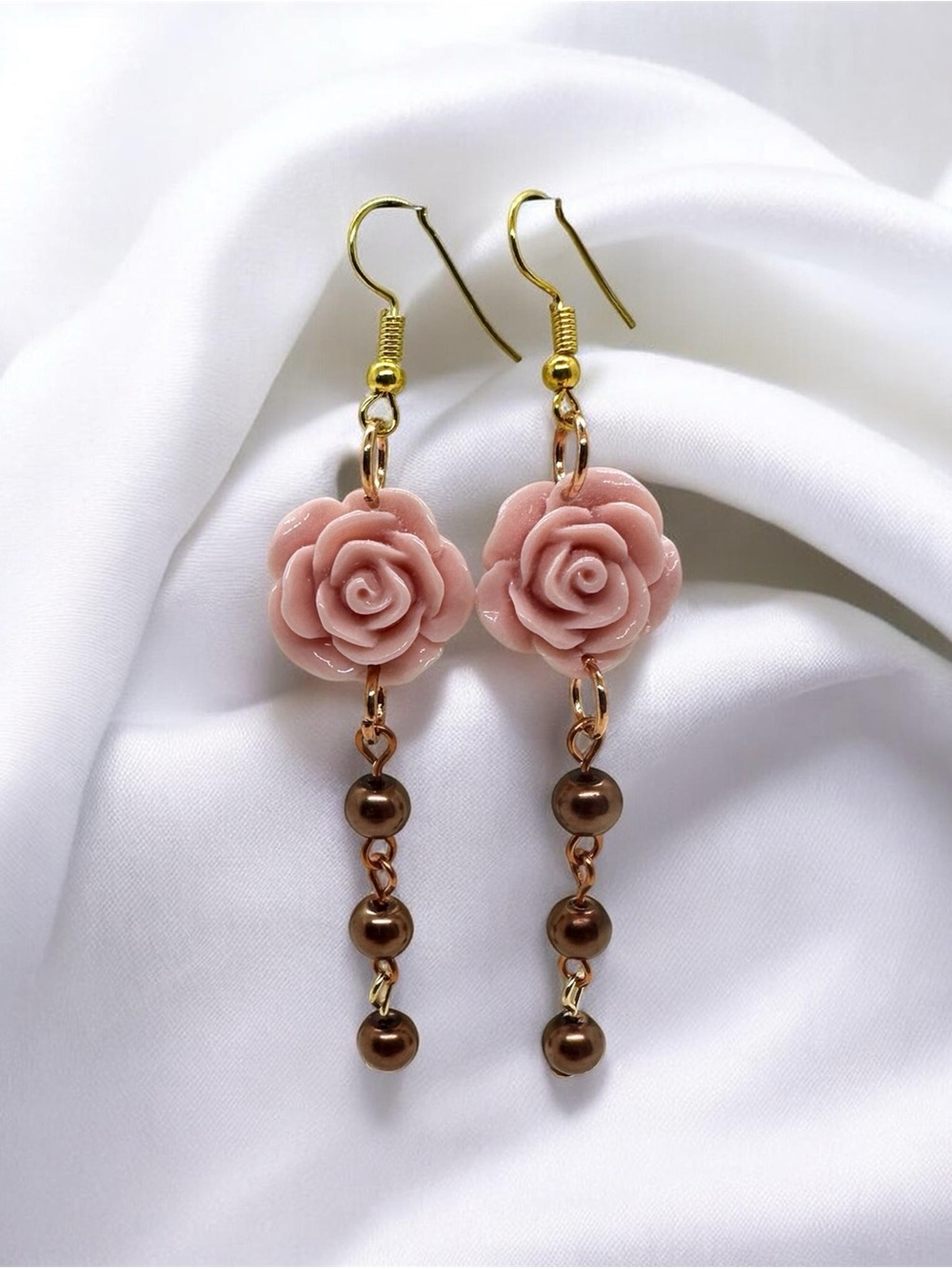 Pink Rose Flower Dangle Earrings Brown Beaded Gold Tone Handmade Jewelry